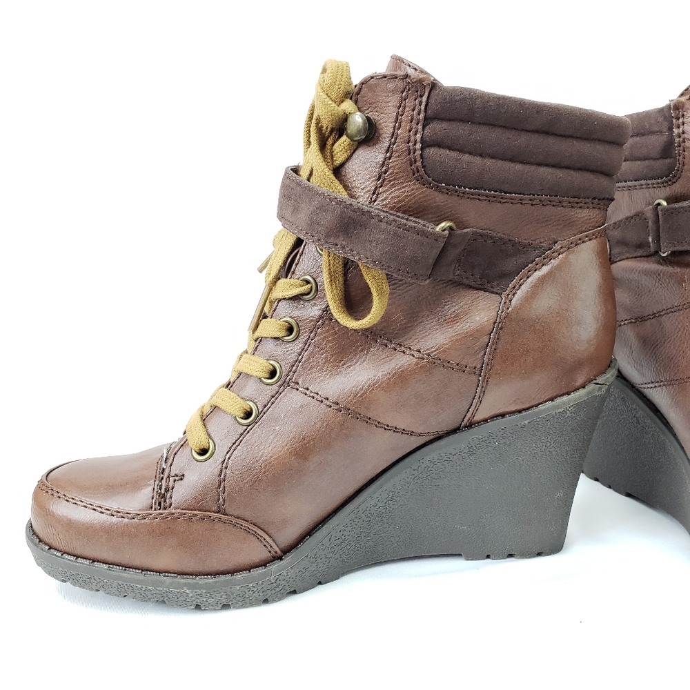 BONGO Lace Up Brown Wedge Booties - Picture 3 of 13